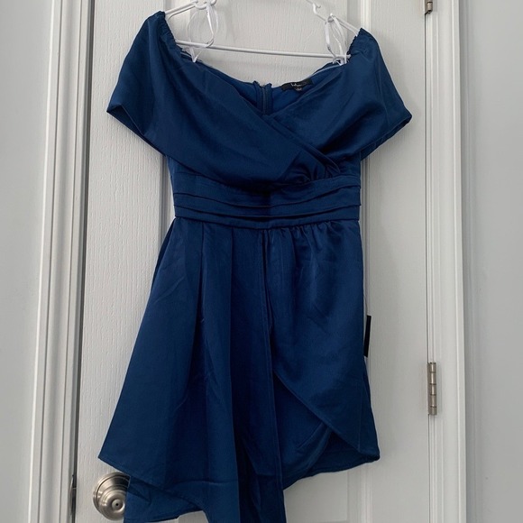 NWT Lulus Always Celebrating Navy Blue Satin Off-the-Shoulder Mini  size S - Picture 6 of 15